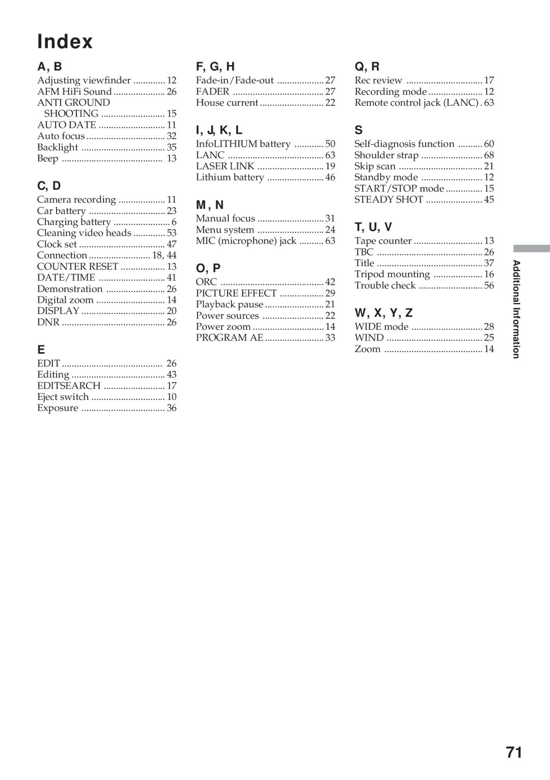 Sony CCD-TR930 operating instructions Index 