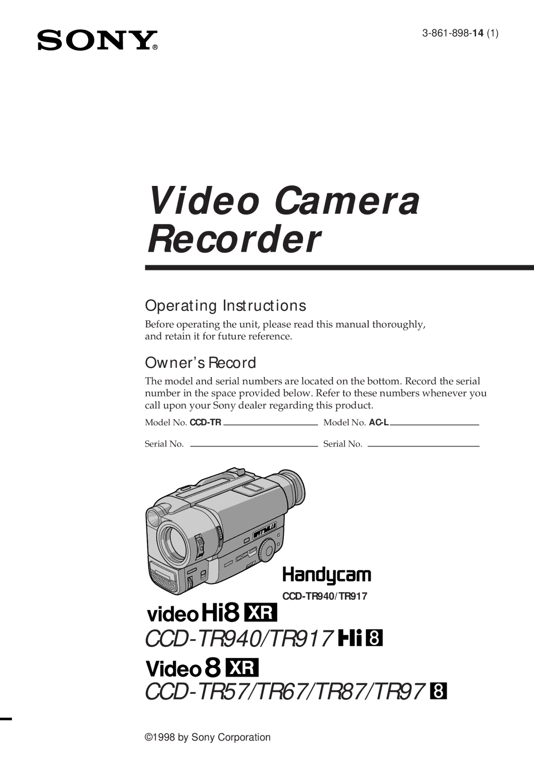 Sony CCD-TR57 operating instructions Video Camera Recorder, CCD-TR940/TR917 