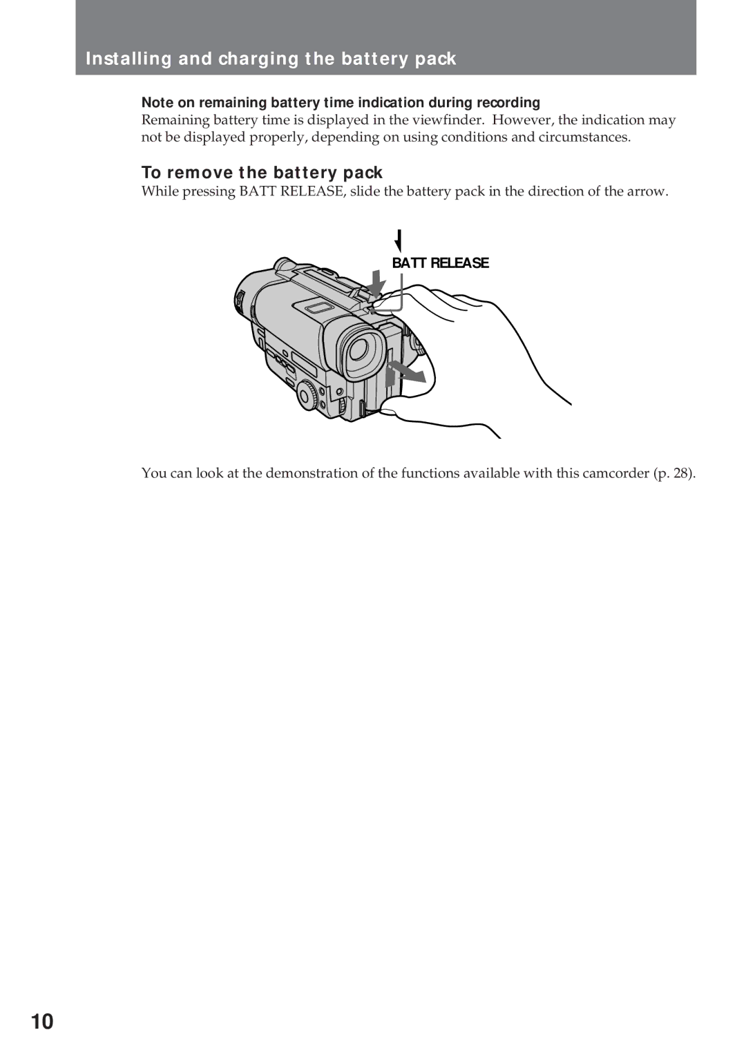 Sony CCD-TR940, CCD-TR57 operating instructions To remove the battery pack, Batt Release 