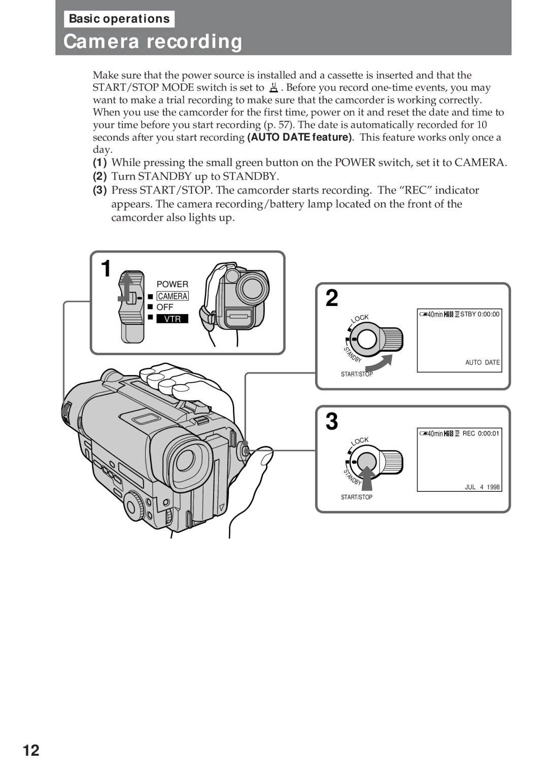 Sony CCD-TR940, CCD-TR57 operating instructions Camera recording 