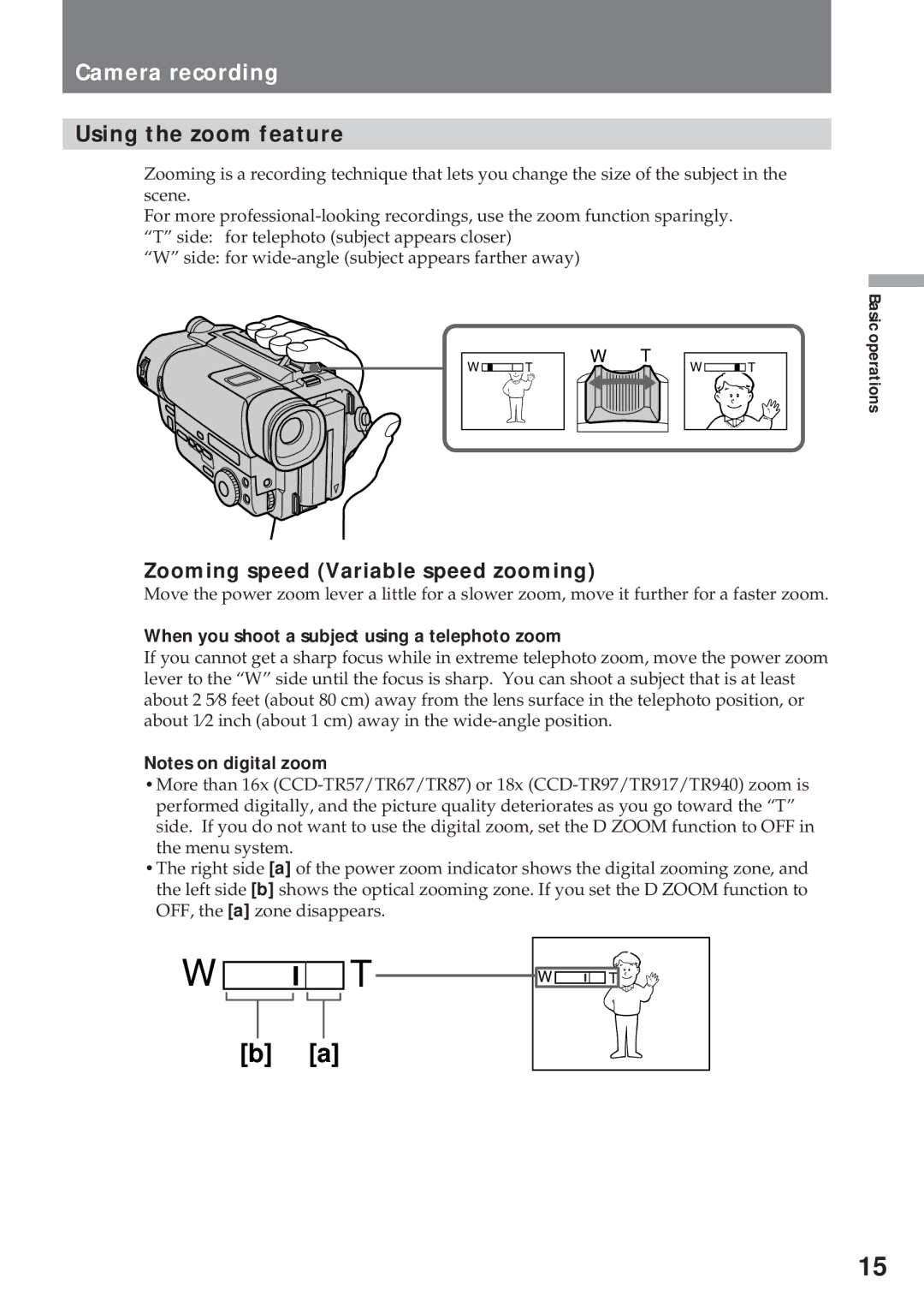 Sony CCD-TR57, CCD-TR940 operating instructions Using the zoom feature, Zooming speed Variable speed zooming 