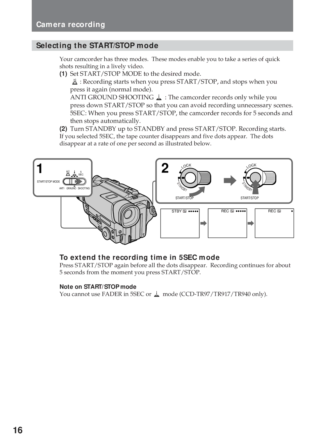 Sony CCD-TR940, CCD-TR57 operating instructions Selecting the START/STOP mode, To extend the recording time in 5SEC mode 