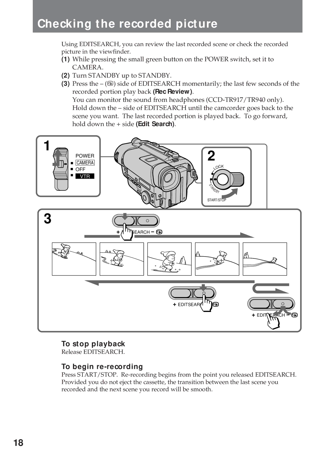 Sony CCD-TR940, CCD-TR57 operating instructions Checking the recorded picture, To stop playback, To begin re-recording 