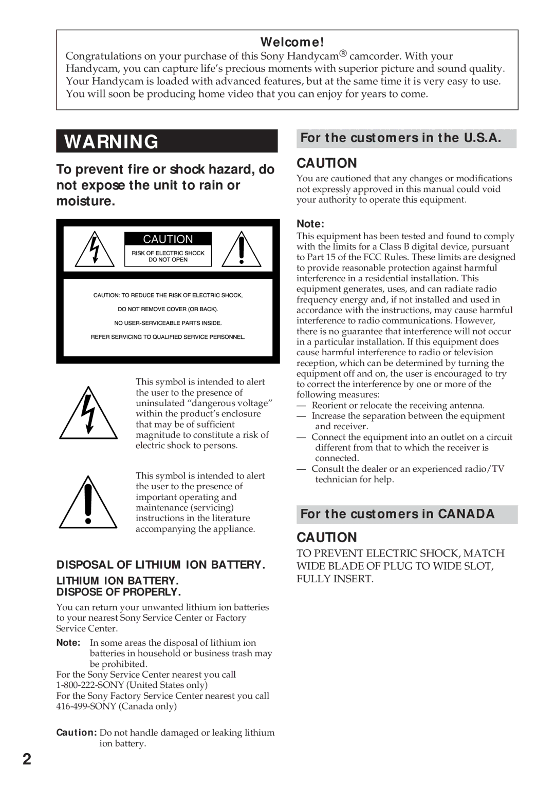 Sony CCD-TR940, CCD-TR57 operating instructions Welcome, For the customers in the U.S.A, For the customers in Canada 