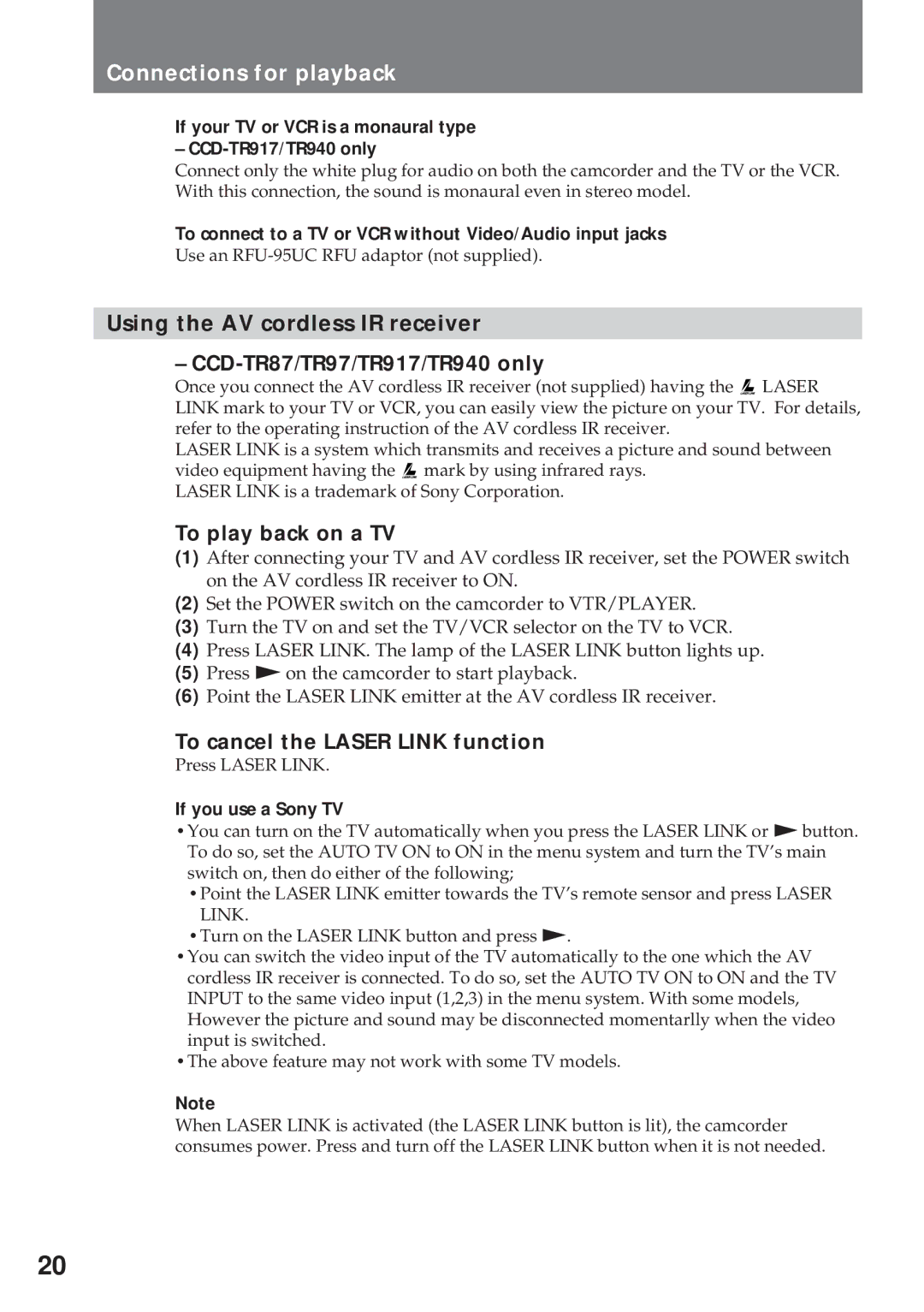 Sony CCD-TR940, CCD-TR57 Connections for playback, To play back on a TV, To cancel the Laser Link function 