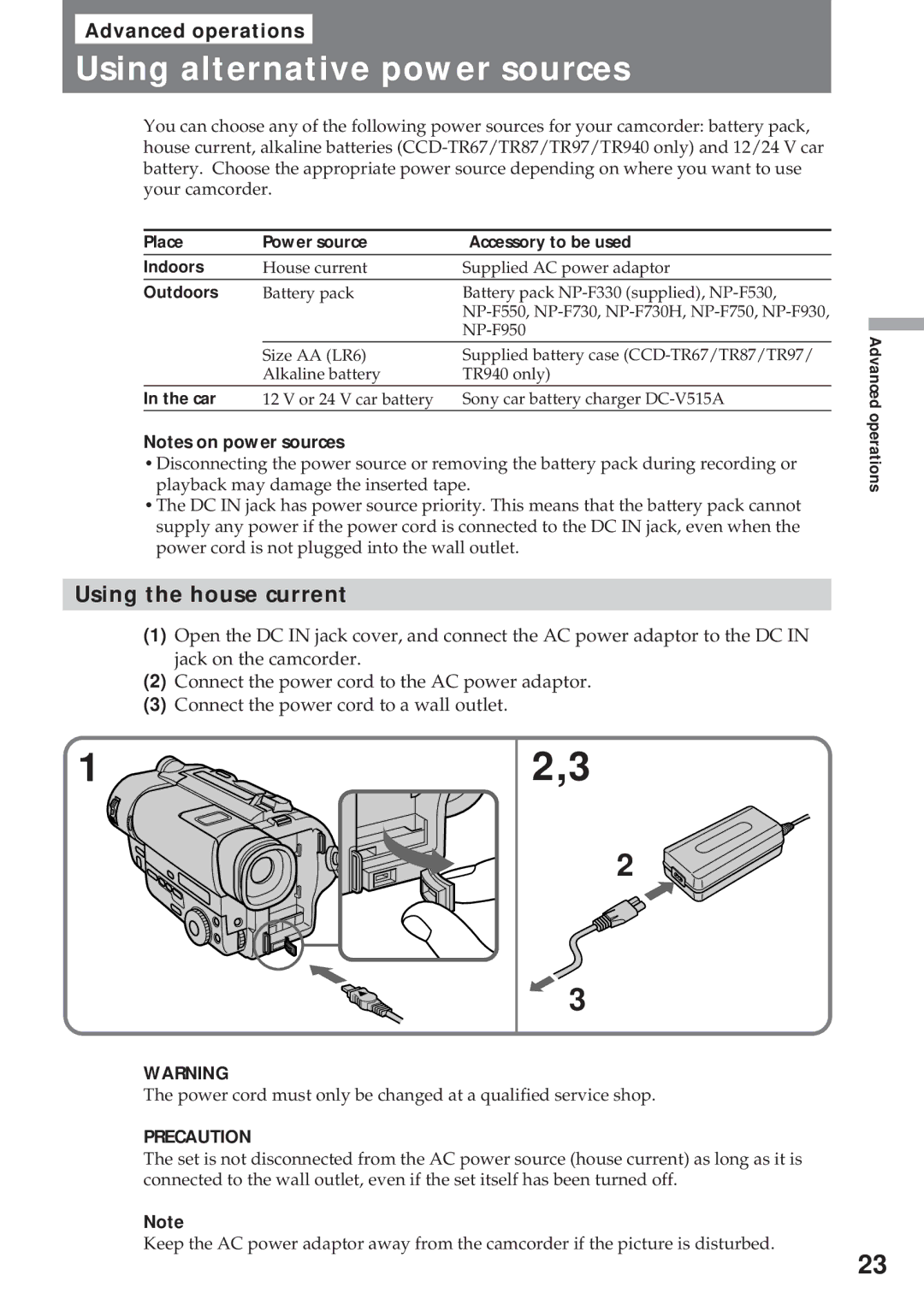 Sony CCD-TR57, CCD-TR940 operating instructions Using alternative power sources, Using the house current, Precaution 