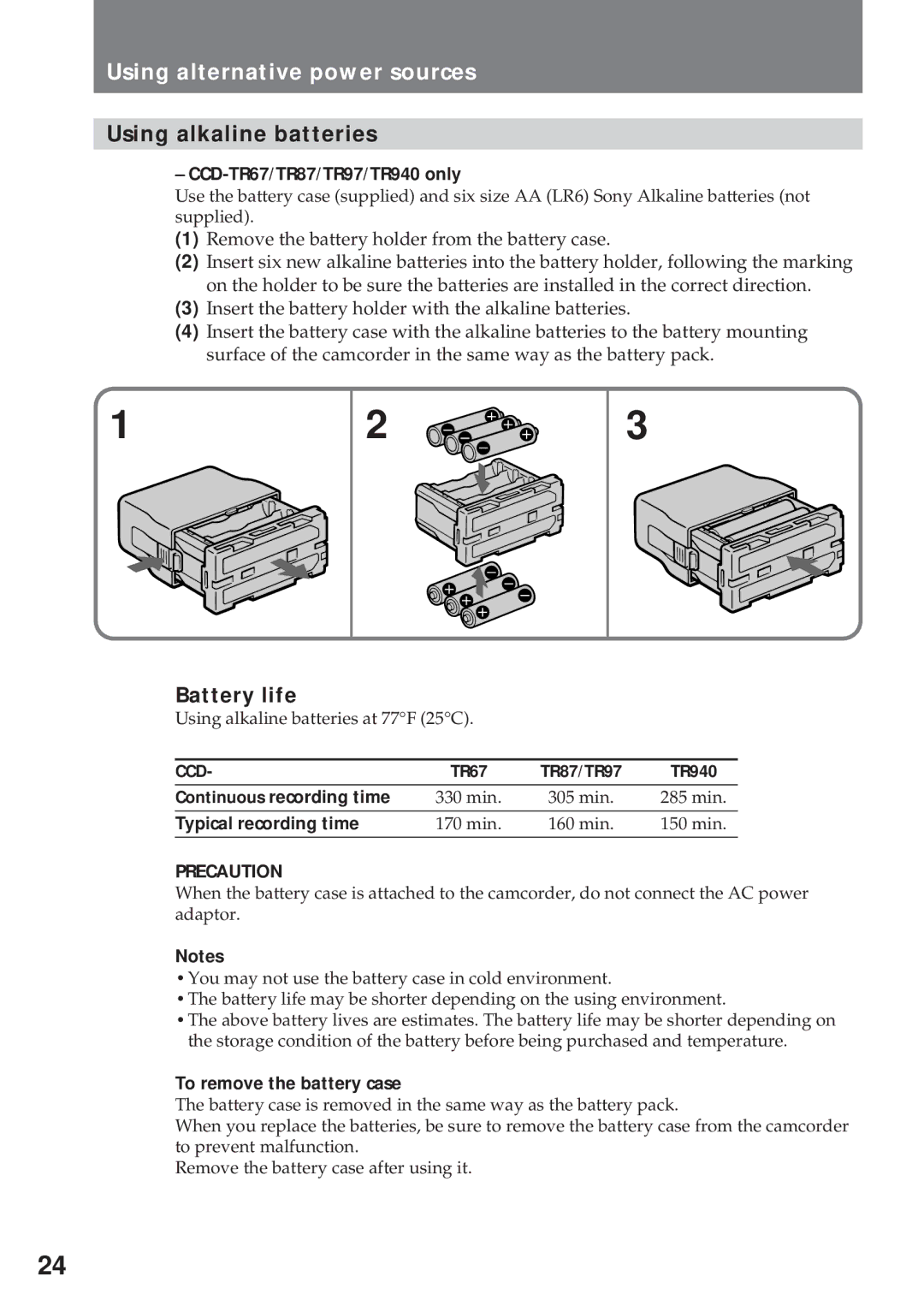 Sony CCD-TR940, CCD-TR57 operating instructions Using alternative power sources, Using alkaline batteries 