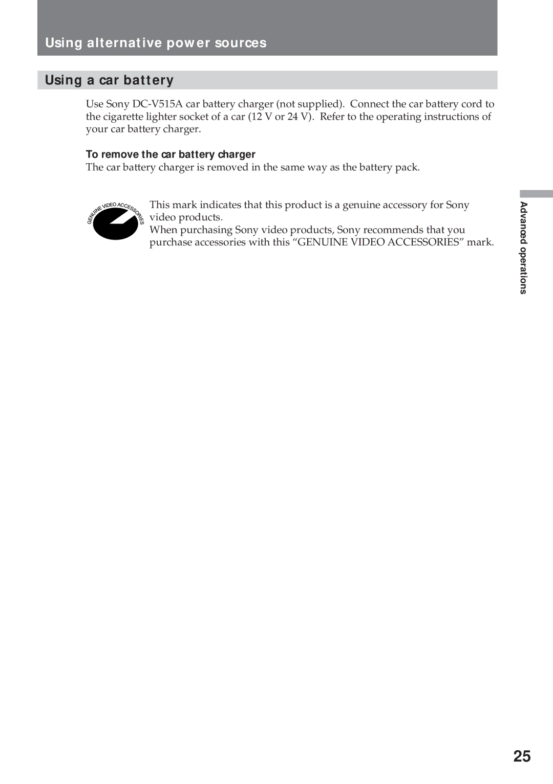 Sony CCD-TR57, CCD-TR940 operating instructions Using a car battery, To remove the car battery charger 