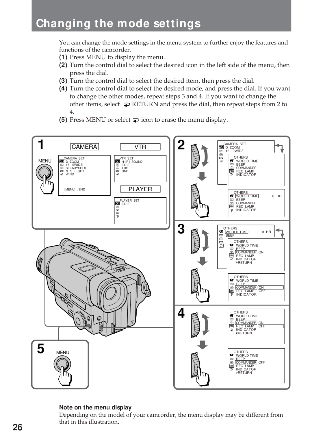 Sony CCD-TR940, CCD-TR57 operating instructions Changing the mode settings, Player 