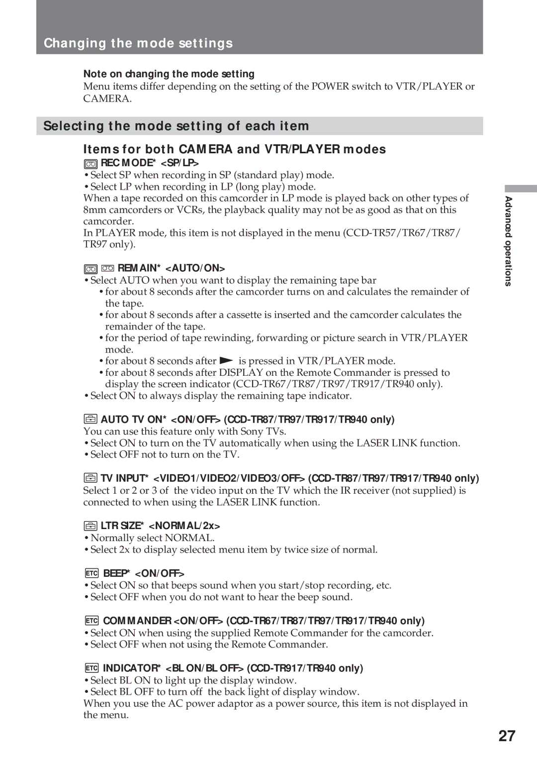 Sony CCD-TR57, CCD-TR940 operating instructions Changing the mode settings, Rec Mode* Sp/Lp, Beep* On/Off 