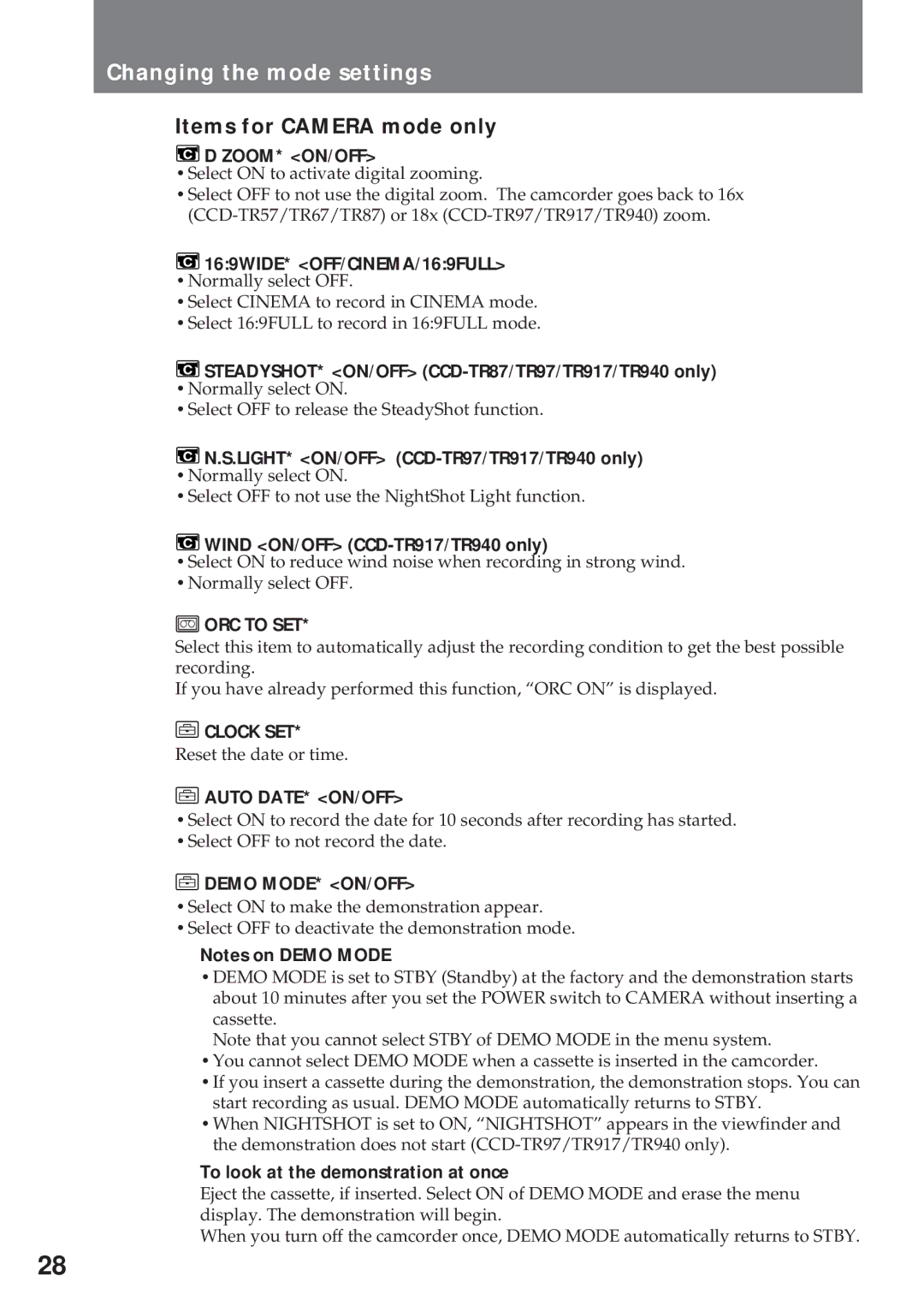 Sony CCD-TR940, CCD-TR57 operating instructions Items for Camera mode only 