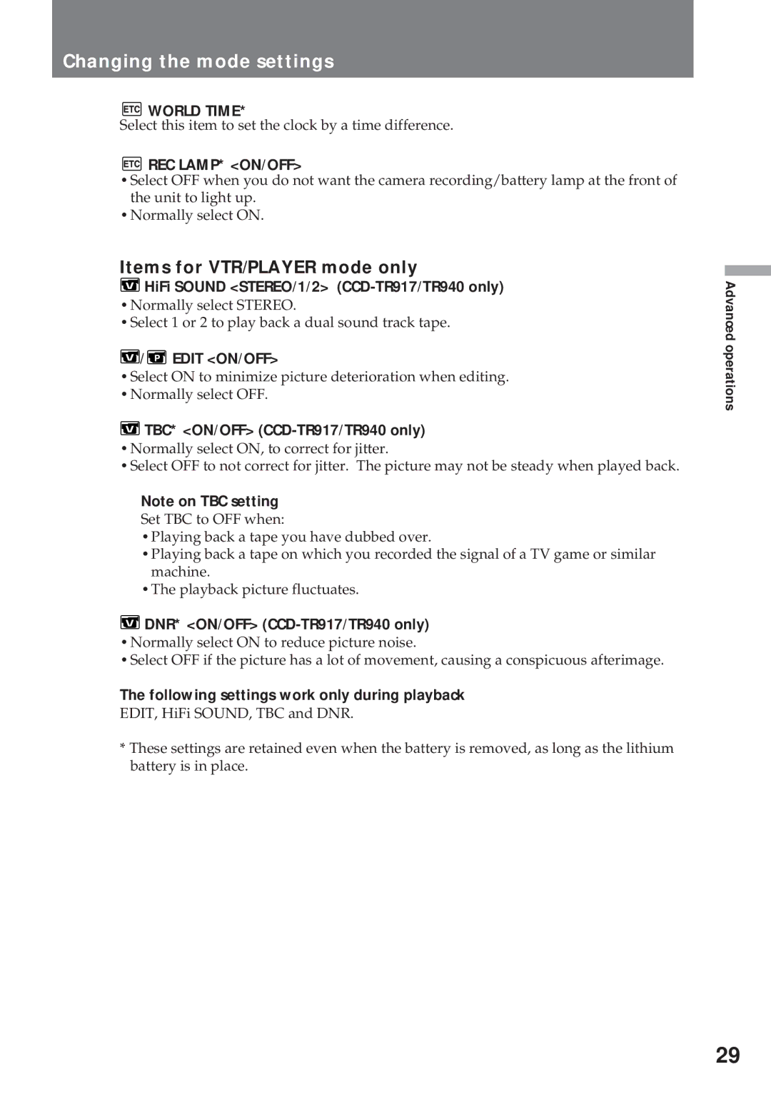 Sony CCD-TR57, CCD-TR940 operating instructions Items for VTR/PLAYER mode only, World Time, Rec Lamp* On/Off, Edit ON/OFF 