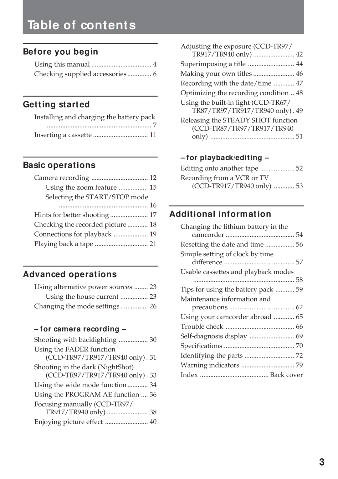 Sony CCD-TR57, CCD-TR940 operating instructions Table of contents 