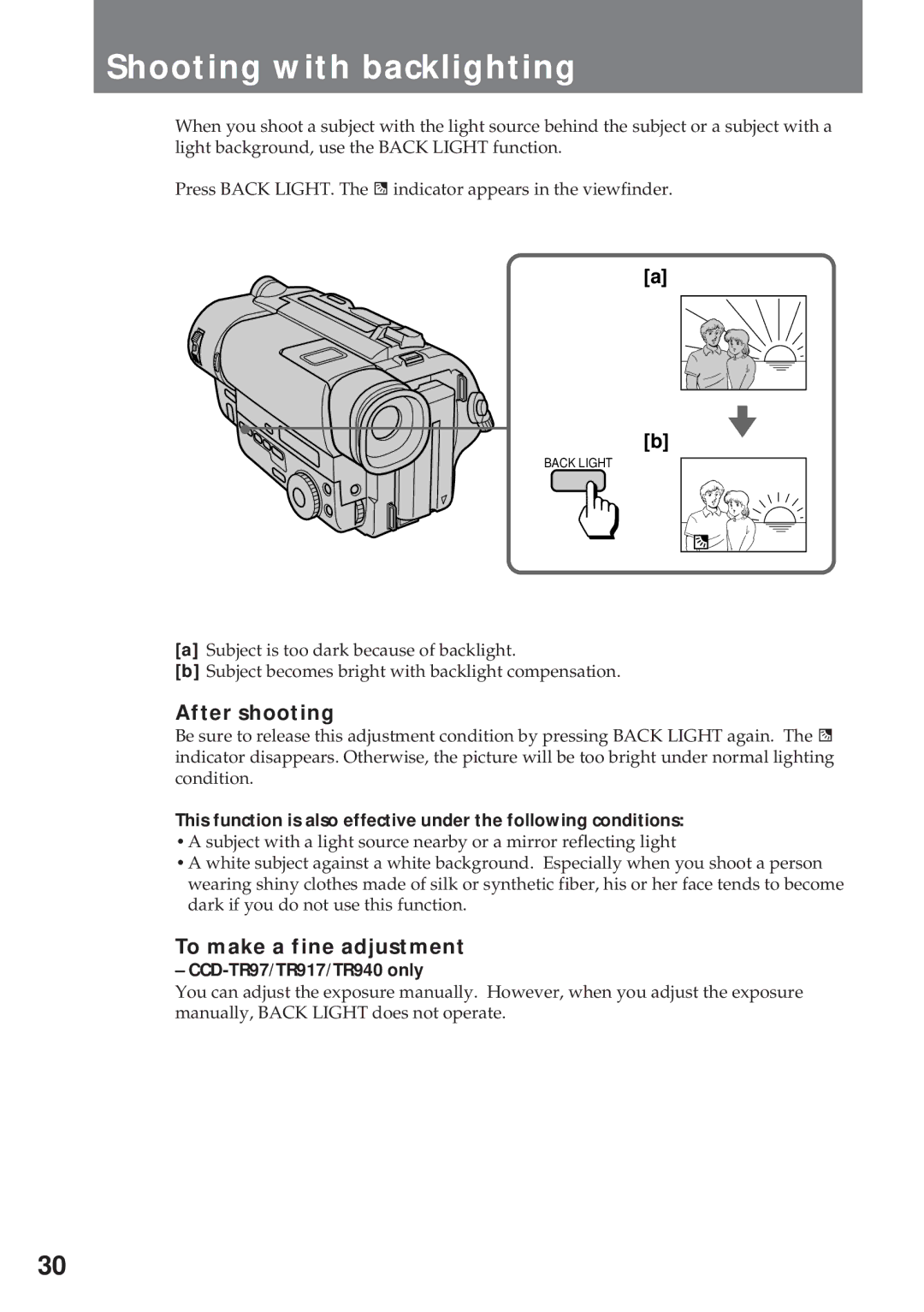 Sony CCD-TR940, CCD-TR57 Shooting with backlighting, After shooting, To make a fine adjustment, CCD-TR97/TR917/TR940 only 