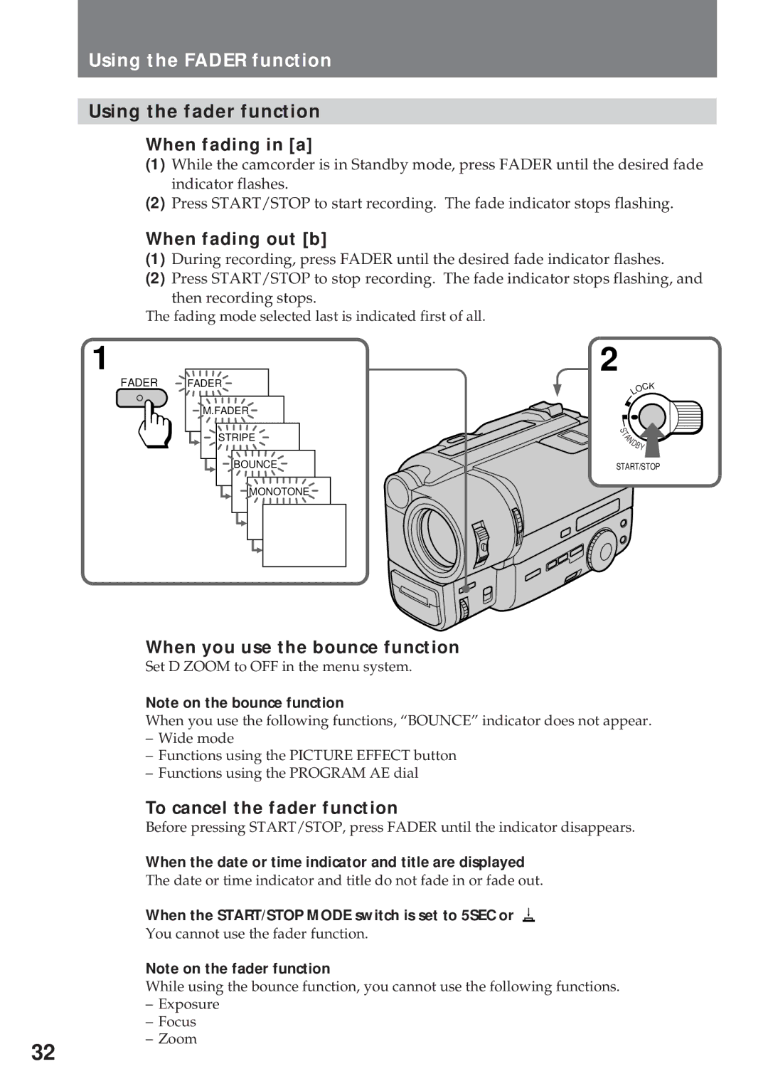 Sony CCD-TR940, CCD-TR57 Using the Fader function, Using the fader function When fading in a, When fading out b 