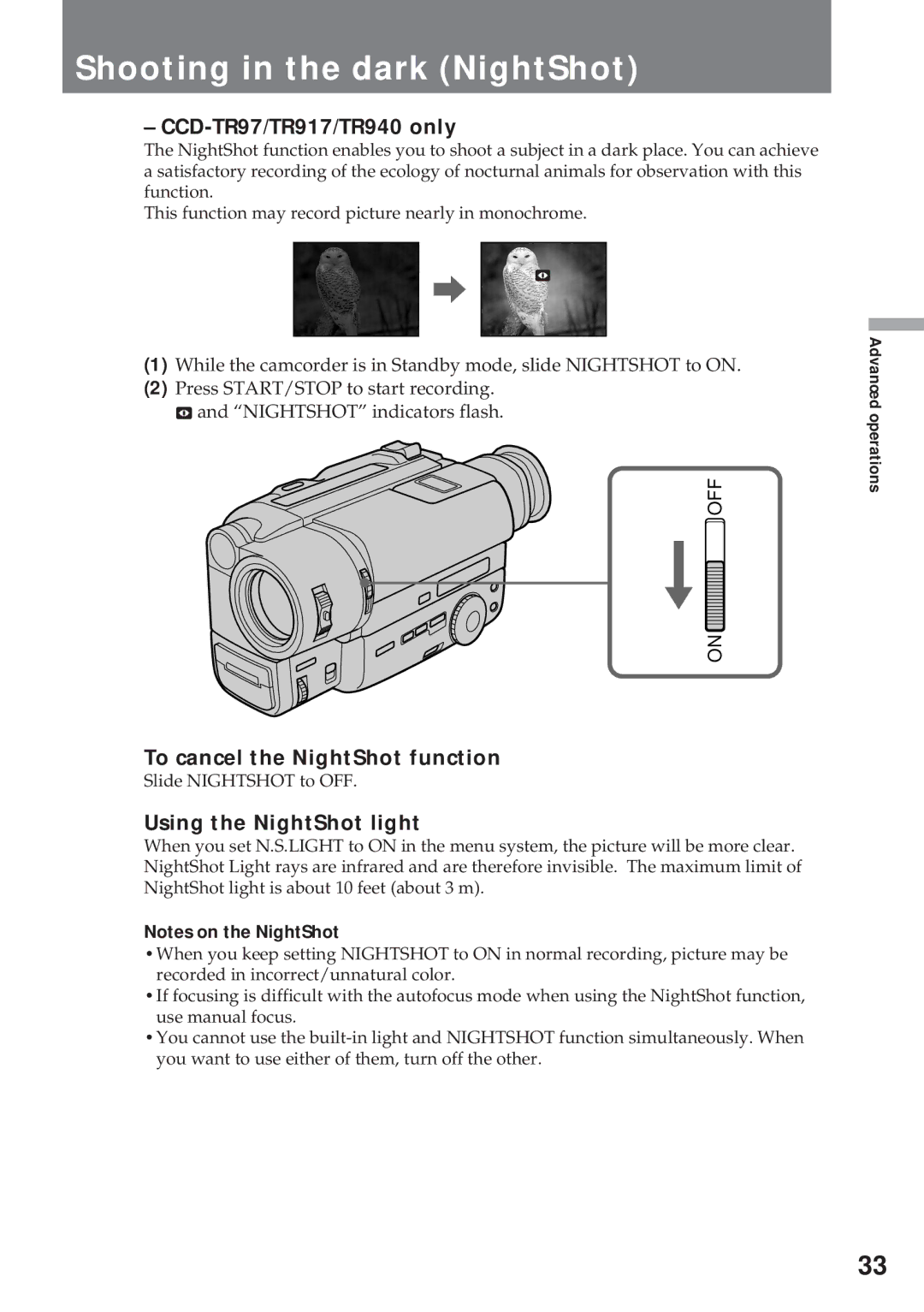 Sony CCD-TR57, CCD-TR940 Shooting in the dark NightShot, CCD-TR97/TR917/TR940 only, To cancel the NightShot function 