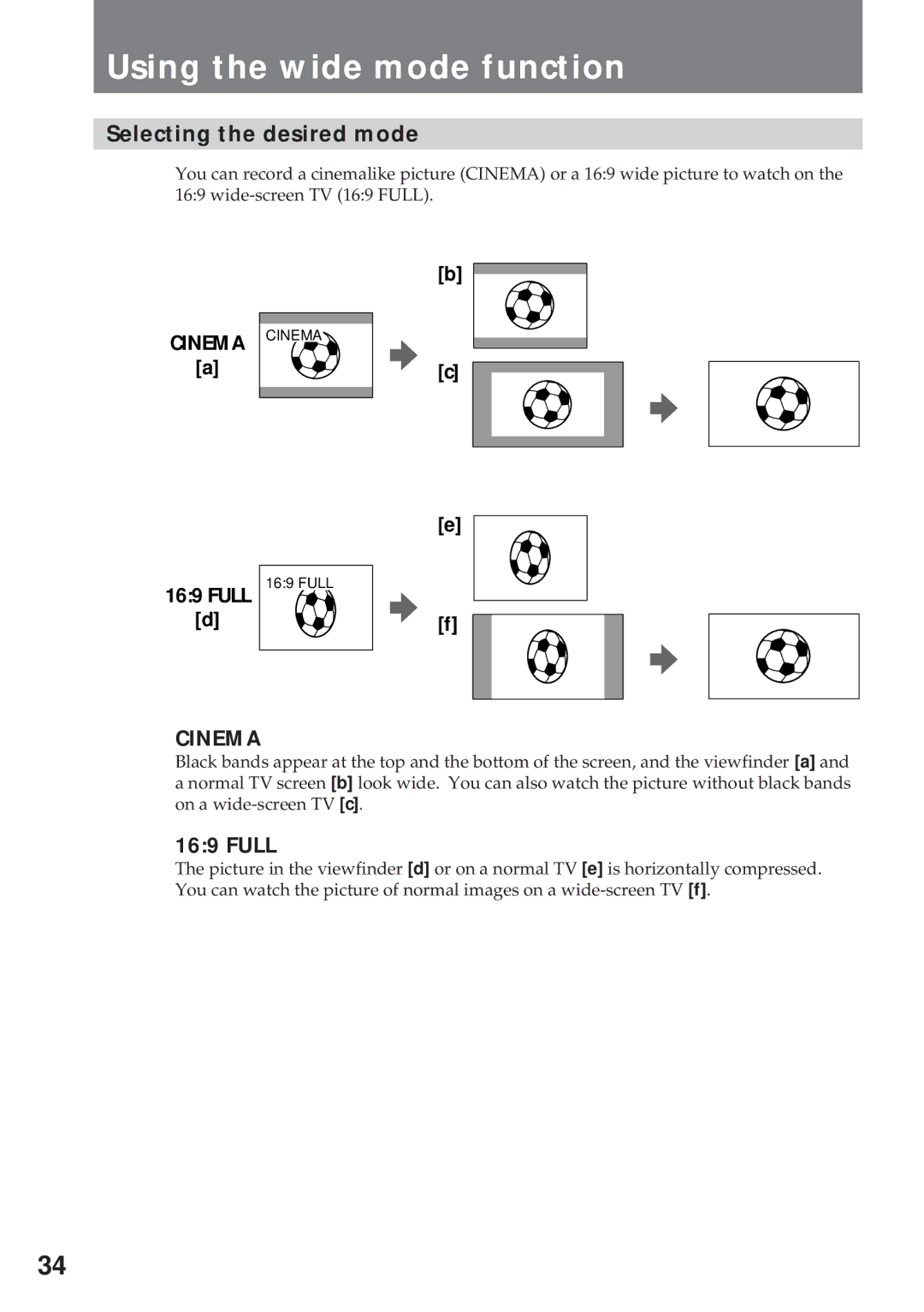 Sony CCD-TR940, CCD-TR57 operating instructions Using the wide mode function, Selecting the desired mode, Full 