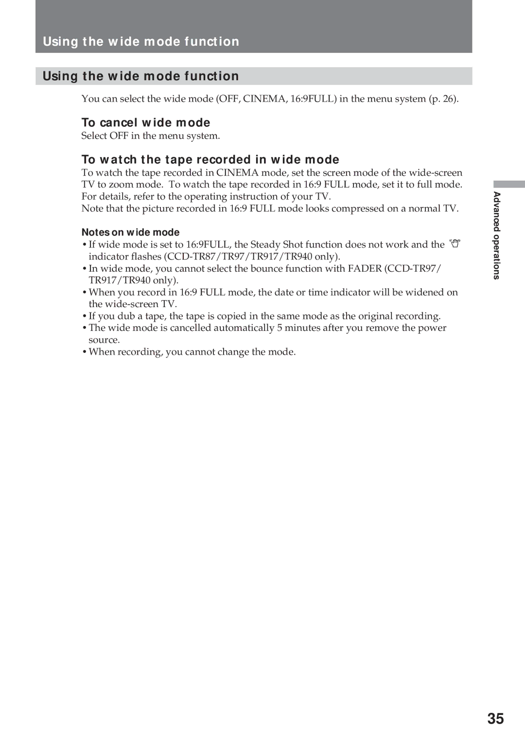 Sony CCD-TR57, CCD-TR940 Using the wide mode function, To cancel wide mode, To watch the tape recorded in wide mode 