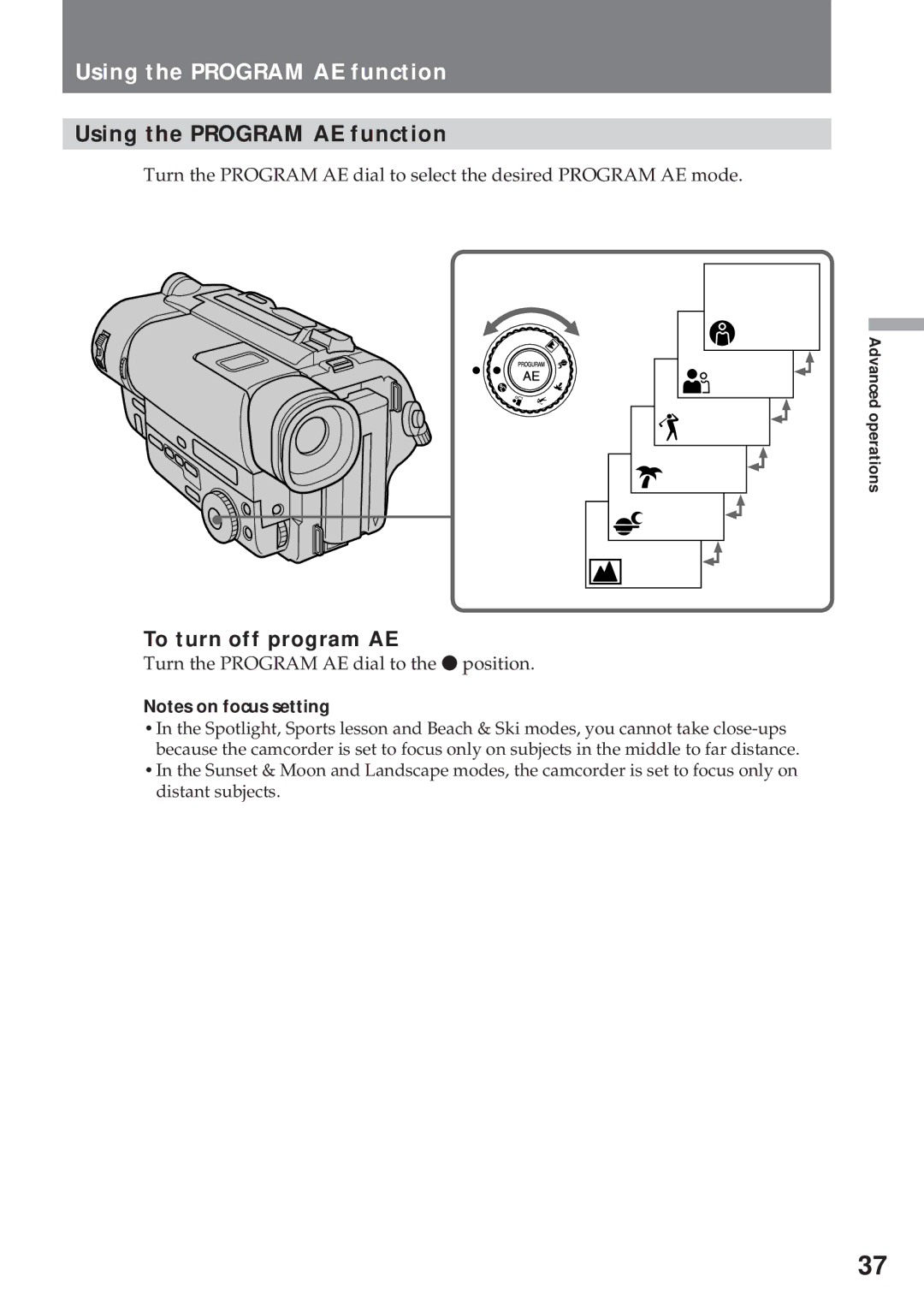 Sony CCD-TR57, CCD-TR940 operating instructions Using the Program AE function, To turn off program AE 