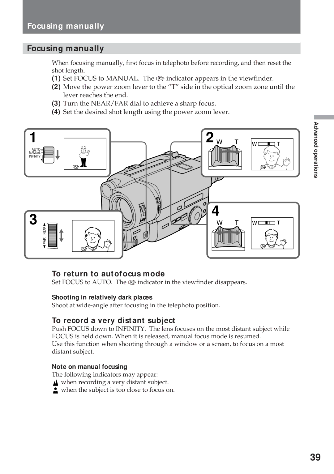 Sony CCD-TR57, CCD-TR940 Focusing manually, To return to autofocus mode, To record a very distant subject 