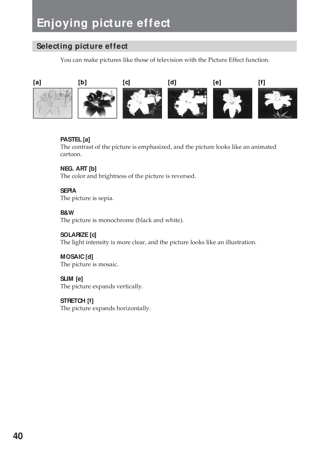 Sony CCD-TR940, CCD-TR57 operating instructions Enjoying picture effect, Selecting picture effect, Sepia 