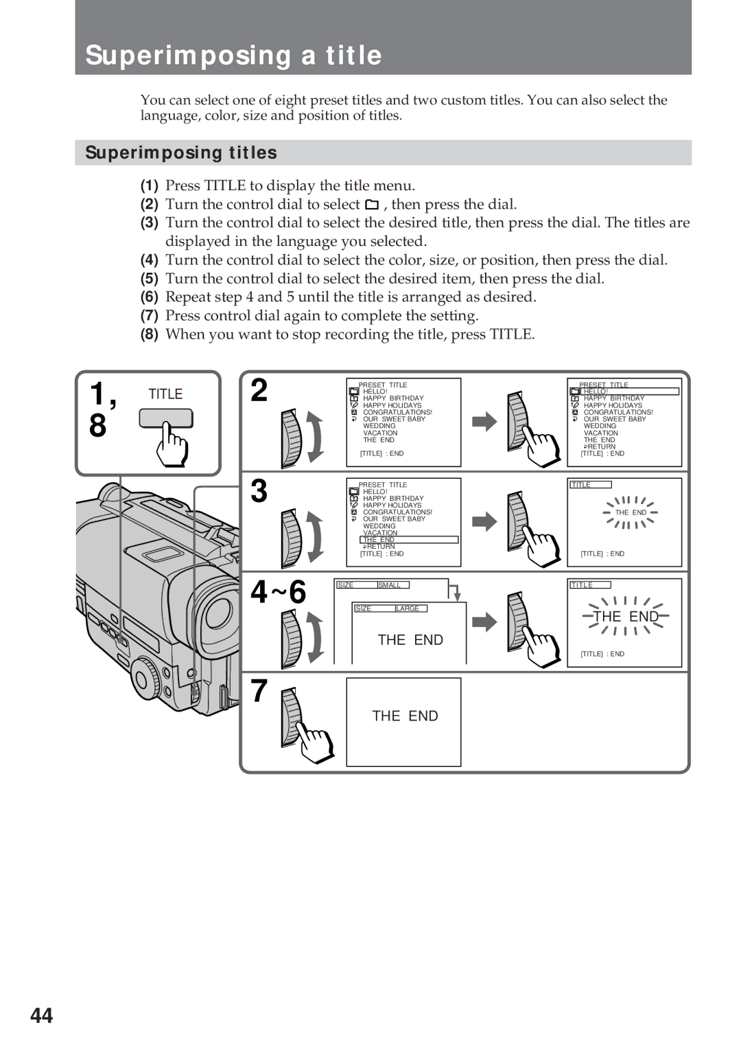 Sony CCD-TR940, CCD-TR57 operating instructions Superimposing a title, Superimposing titles 