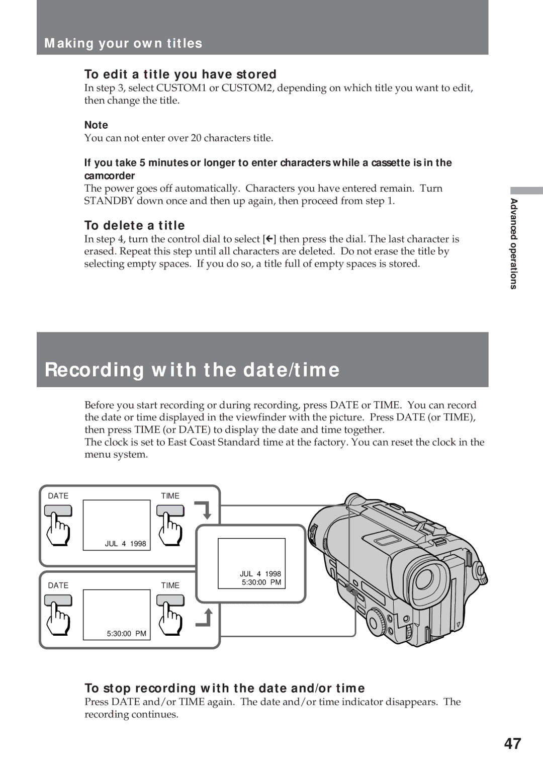 Sony CCD-TR57 Recording with the date/time, Making your own titles, To edit a title you have stored, To delete a title 