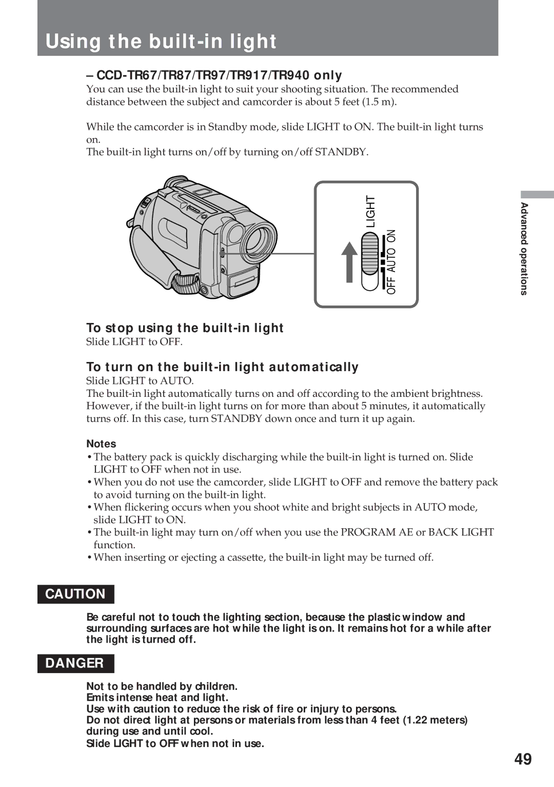 Sony CCD-TR57, CCD-TR940 Using the built-in light, CCD-TR67/TR87/TR97/TR917/TR940 only, To stop using the built-in light 