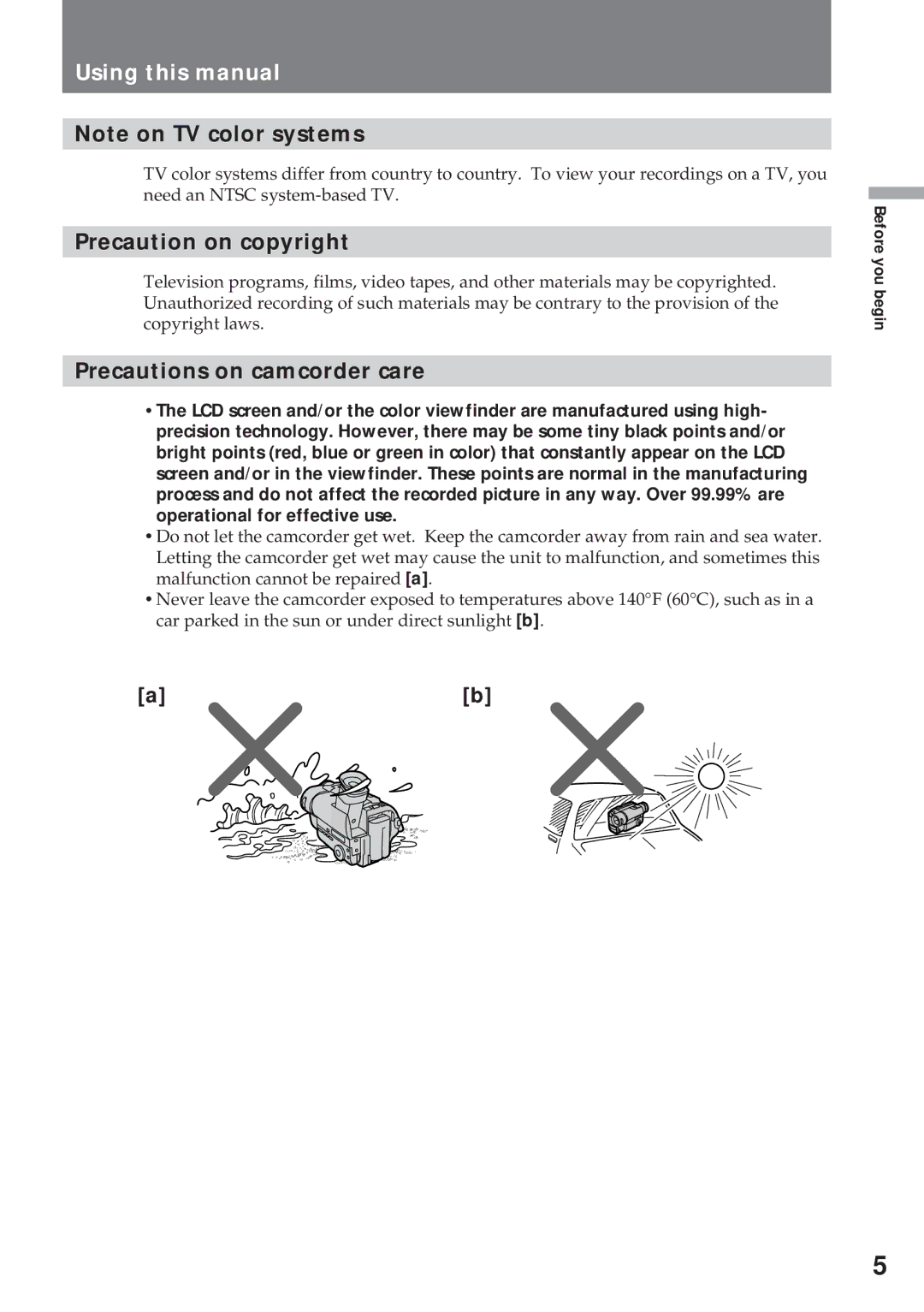 Sony CCD-TR57 Using this manual, Precaution on copyright, Precautions on camcorder care, Operational for effective use 