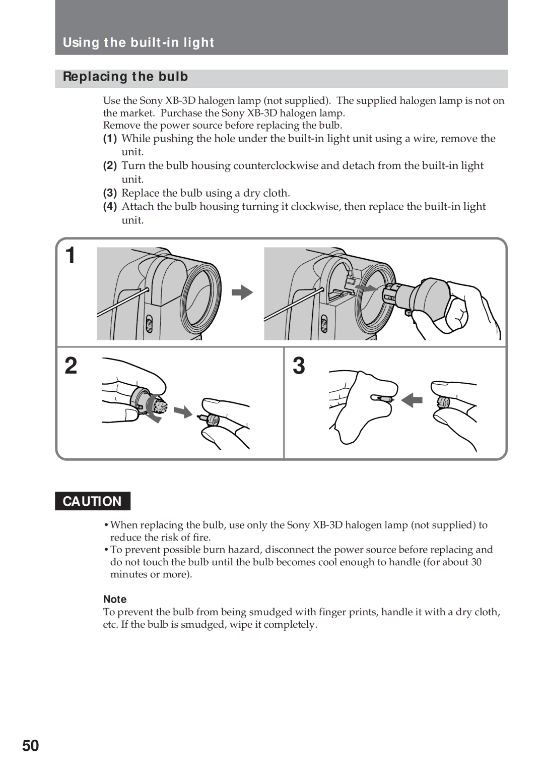 Sony CCD-TR940, CCD-TR57 operating instructions Using the built-in light, Replacing the bulb 