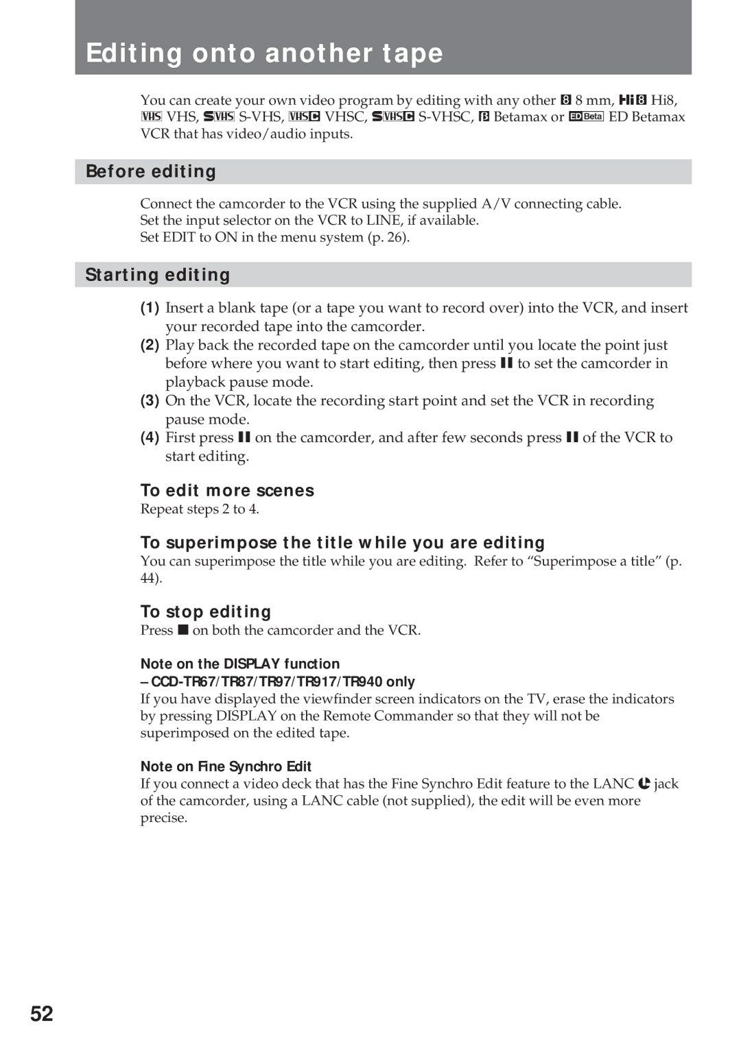 Sony CCD-TR940, CCD-TR57 operating instructions Editing onto another tape 