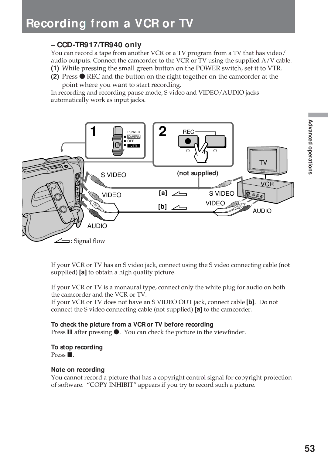 Sony CCD-TR57 Recording from a VCR or TV, CCD-TR917/TR940 only, To check the picture from a VCR or TV before recording 