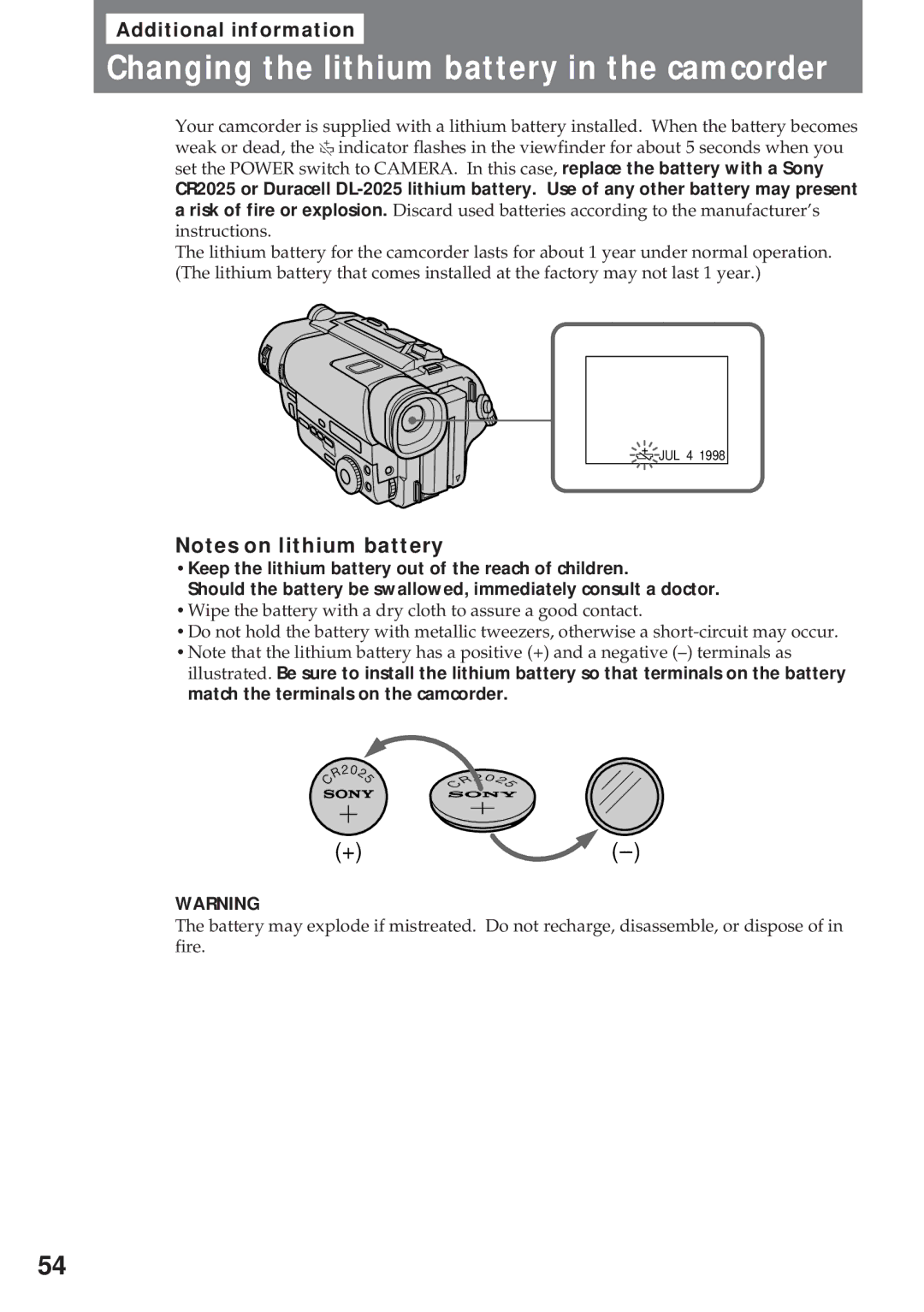 Sony CCD-TR940, CCD-TR57 operating instructions Changing the lithium battery in the camcorder 