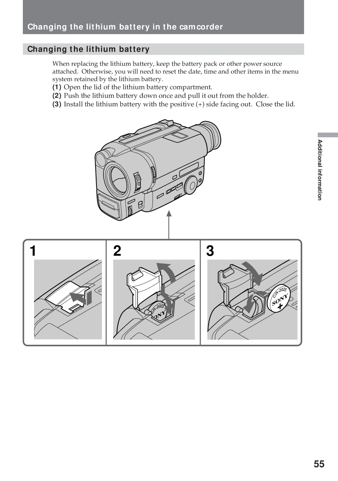 Sony CCD-TR57, CCD-TR940 operating instructions Changing the lithium battery in the camcorder 