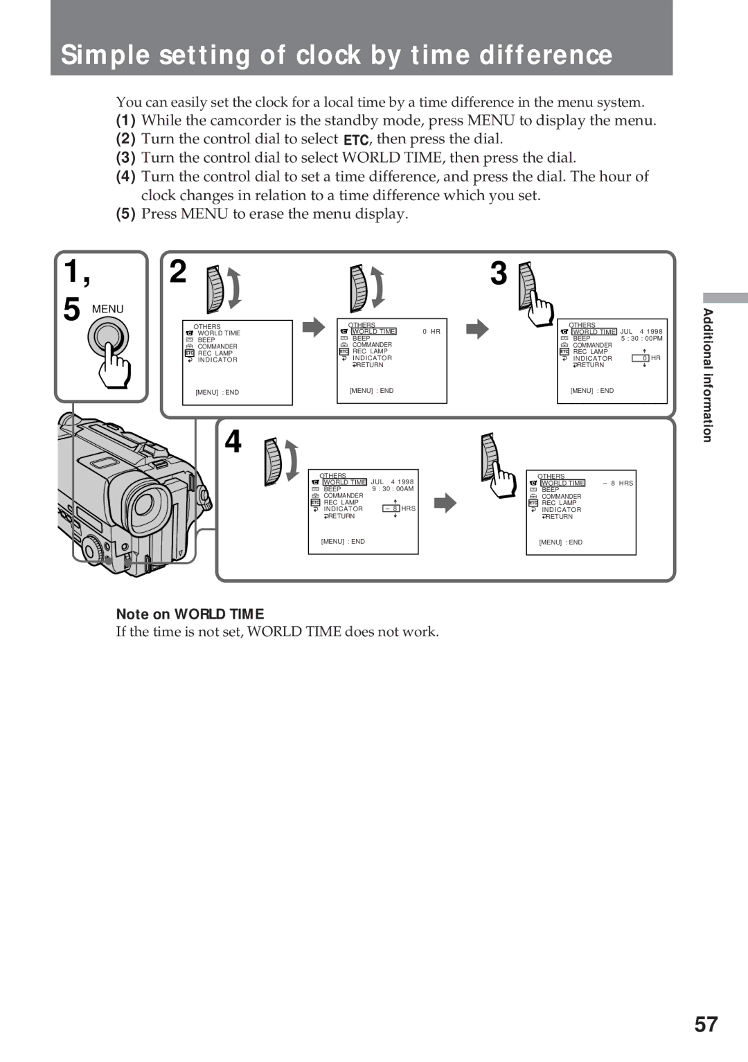 Sony CCD-TR57, CCD-TR940 operating instructions Simple setting of clock by time difference, Additional information 