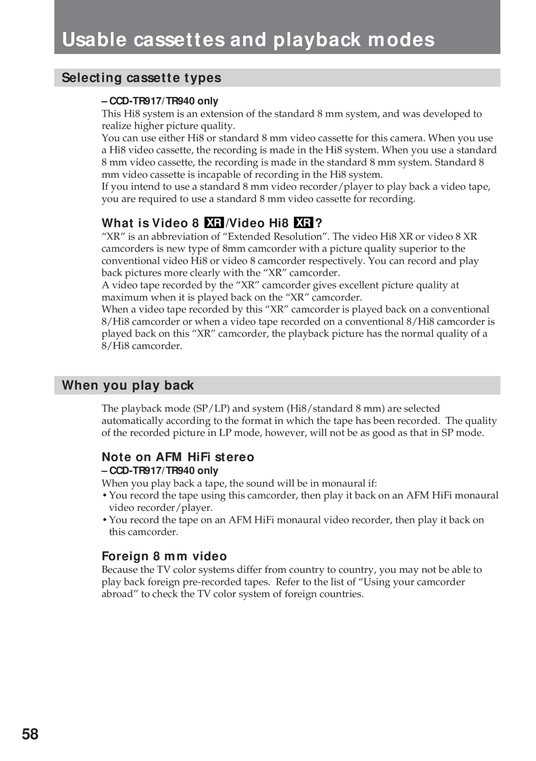 Sony CCD-TR940, CCD-TR57 Usable cassettes and playback modes, Selecting cassette types, What is Video 8 /Video Hi8 ? 