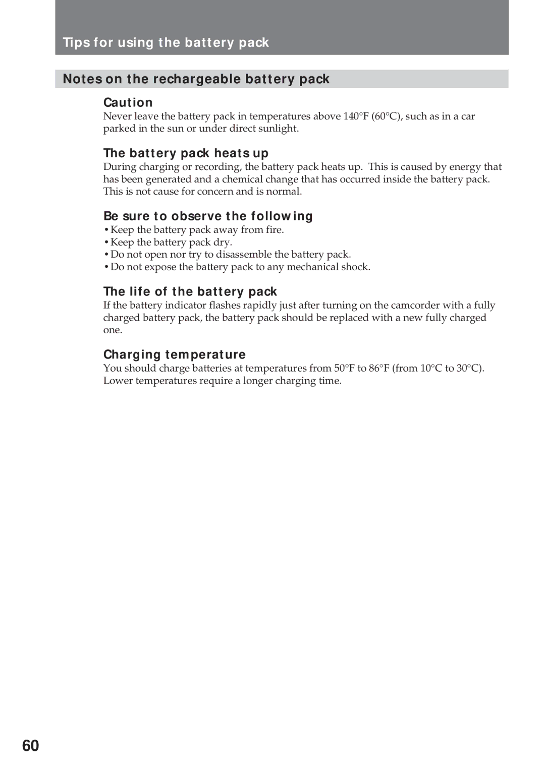 Sony CCD-TR940, CCD-TR57 Tips for using the battery pack, Battery pack heats up, Be sure to observe the following 