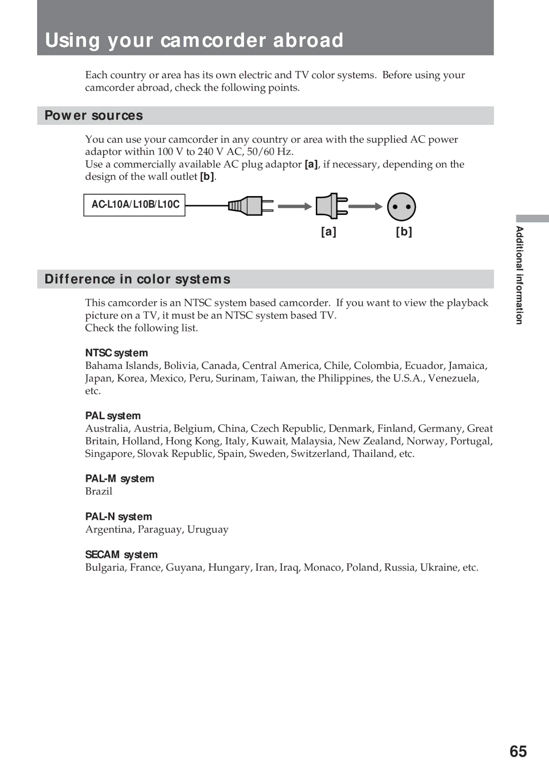 Sony CCD-TR57, CCD-TR940 operating instructions Using your camcorder abroad, Power sources, Difference in color systems 