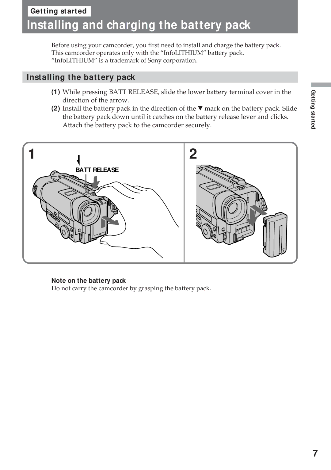 Sony CCD-TR57, CCD-TR940 Installing and charging the battery pack, Installing the battery pack, Batt Release 