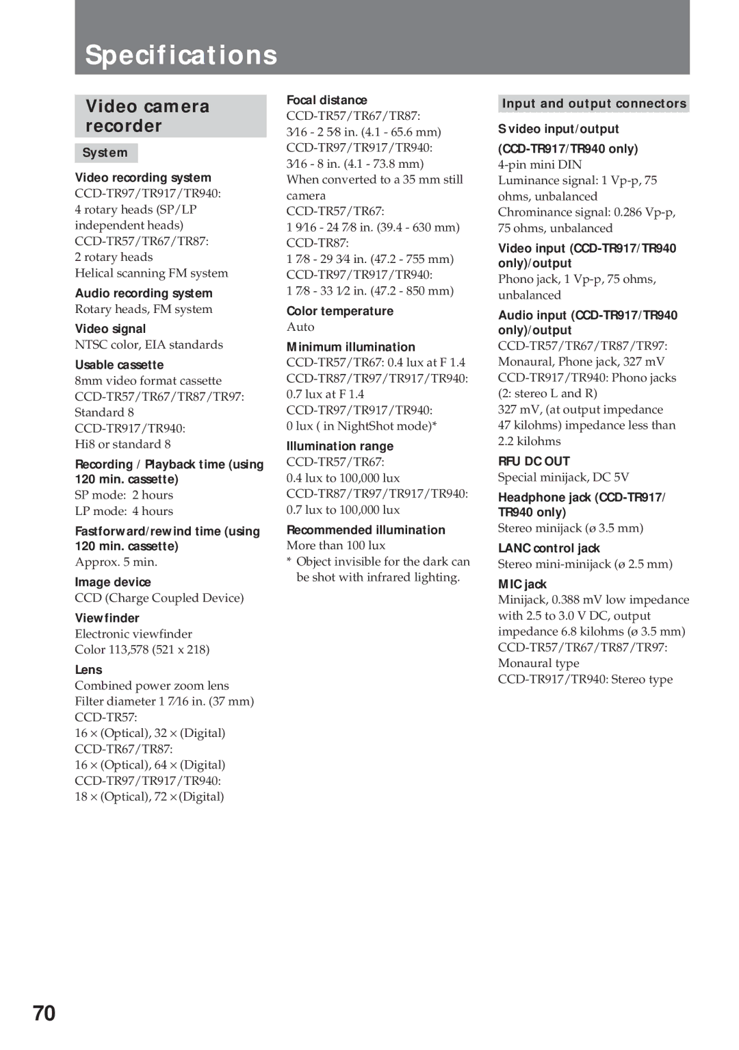 Sony CCD-TR940, CCD-TR57 operating instructions Specifications, Video camera recorder 