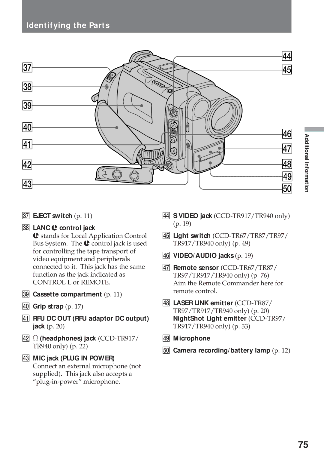 Sony CCD-TR57, CCD-TR940 operating instructions # Eject switch p #¥ Lanc l control jack, $¤ VIDEO/AUDIO jacks p 