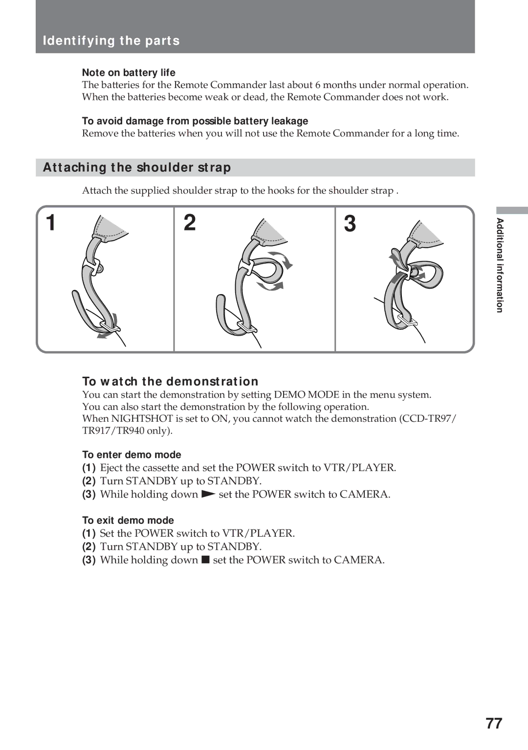 Sony CCD-TR57 Attaching the shoulder strap, To watch the demonstration, To avoid damage from possible battery leakage 