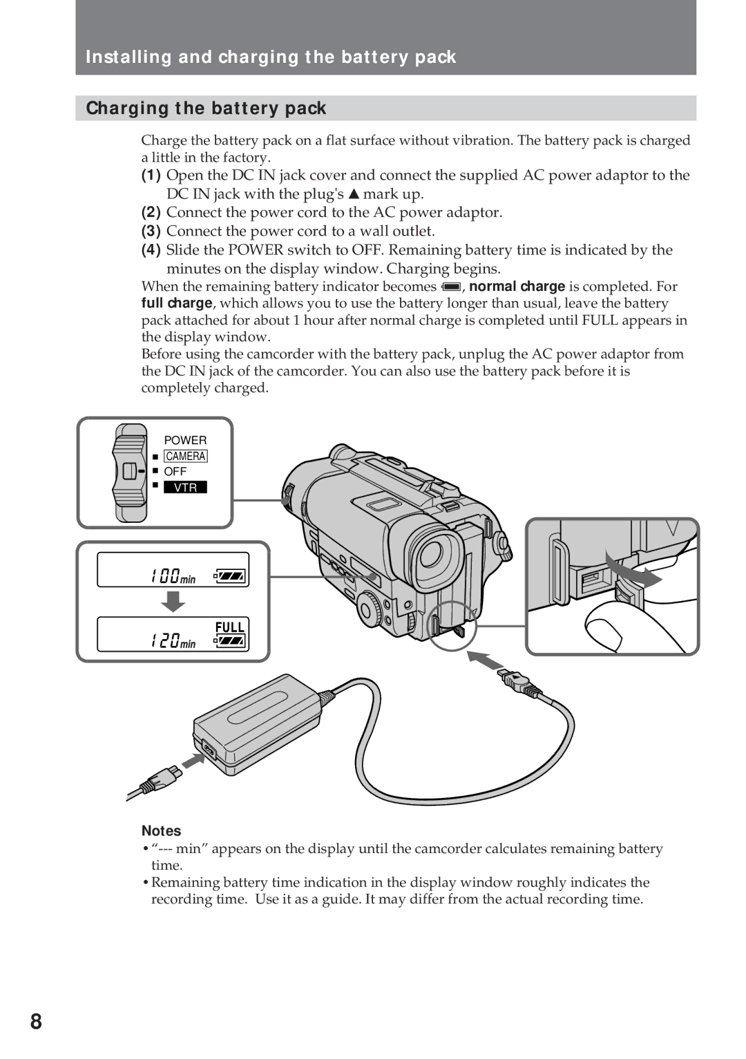 Sony CCD-TR940, CCD-TR57 operating instructions Installing and charging the battery pack, Charging the battery pack 