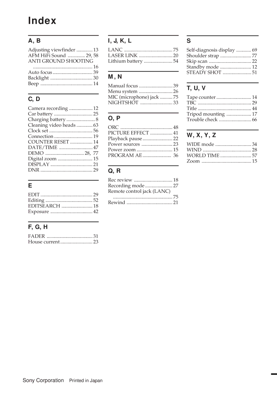 Sony CCD-TR940, CCD-TR57 operating instructions Index 