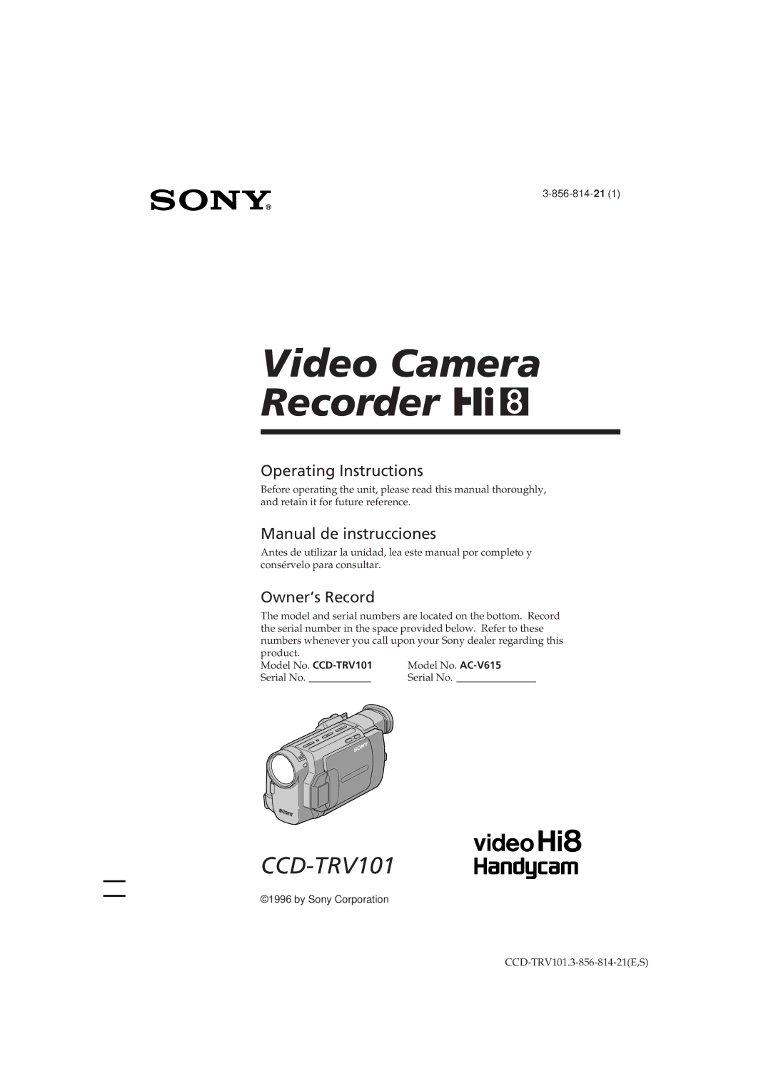 Sony CCD-TRV101 operating instructions Video Camera Recorder H 