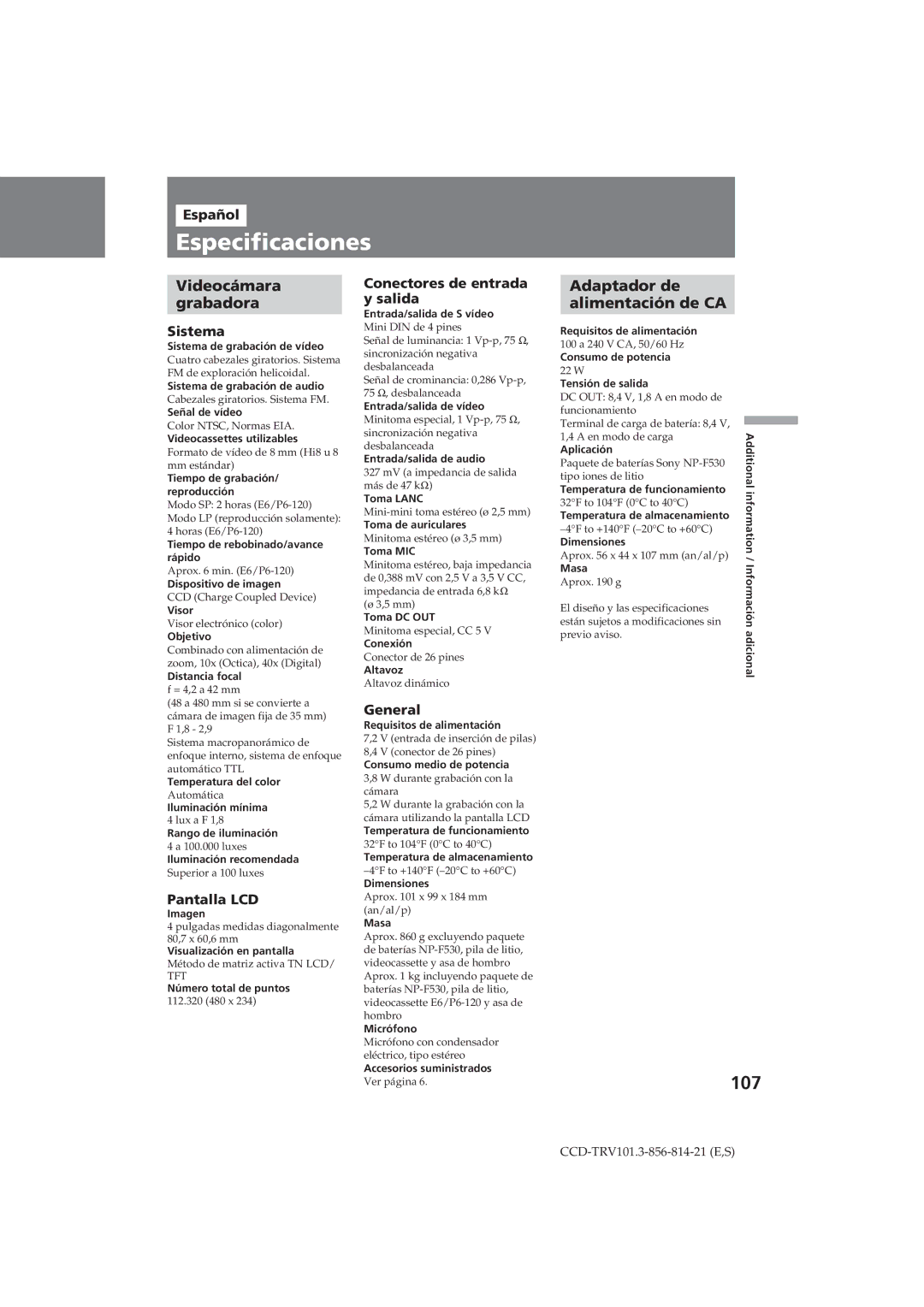 Sony CCD-TRV101 operating instructions Especificaciones, 107, Videocámara Grabadora 