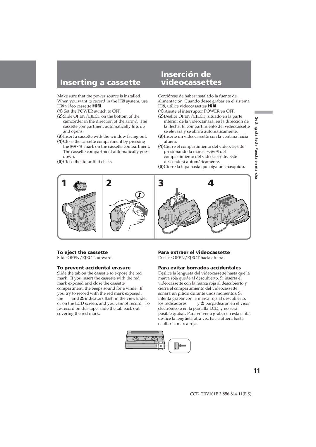 Sony CCD-TRV101 operating instructions Inserting a cassette, To eject the cassette, To prevent accidental erasure 