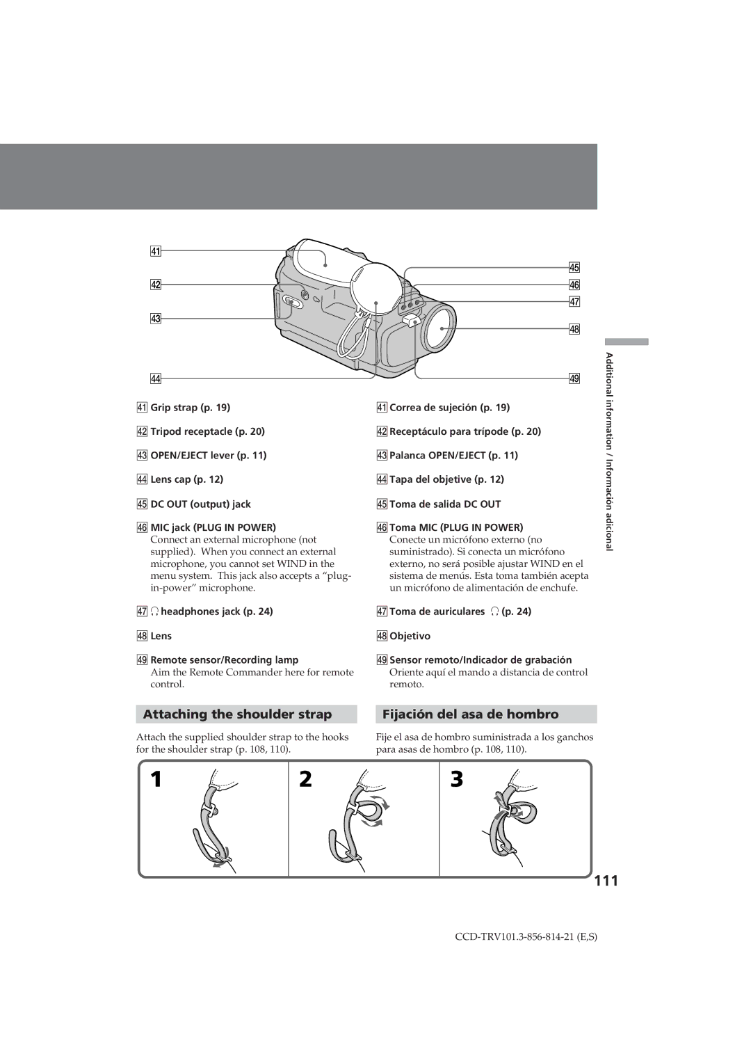 Sony CCD-TRV101 operating instructions 111, Attaching the shoulder strap, Fijación del asa de hombro 