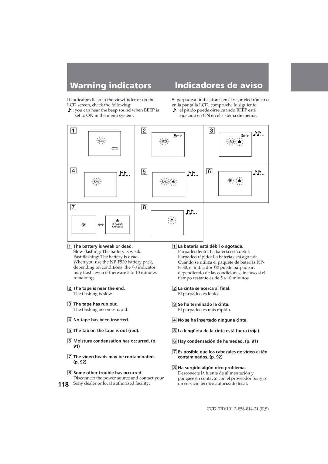 Sony CCD-TRV101 operating instructions Indicadores de aviso 