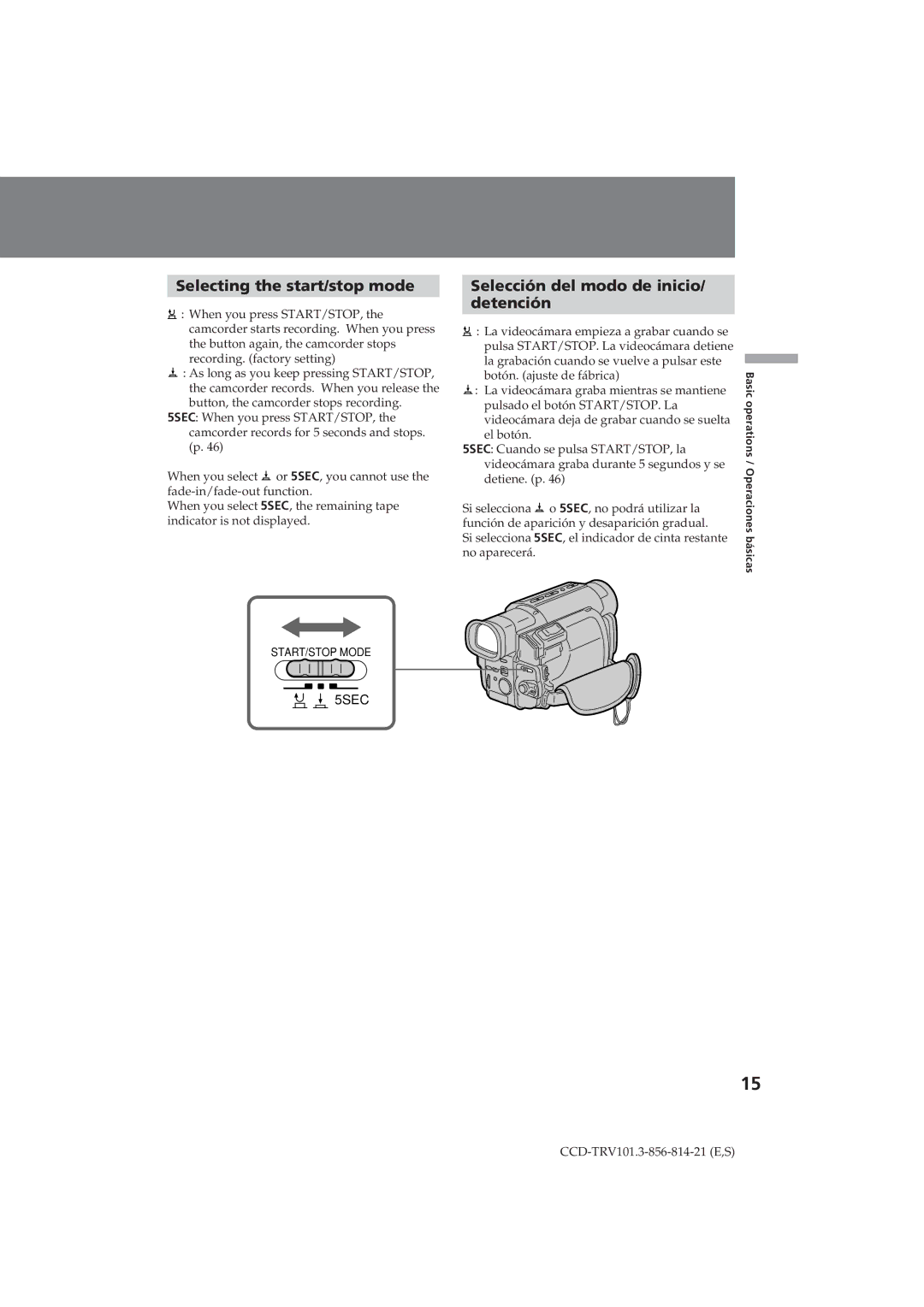 Sony CCD-TRV101 operating instructions Selecting the start/stop mode, Selección del modo de inicio Detención 